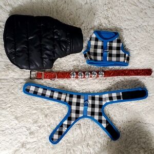 NWOT Dog Collection,2-Harness 1 Black Puffer Jacket 1 Red Collar,Removable Balls